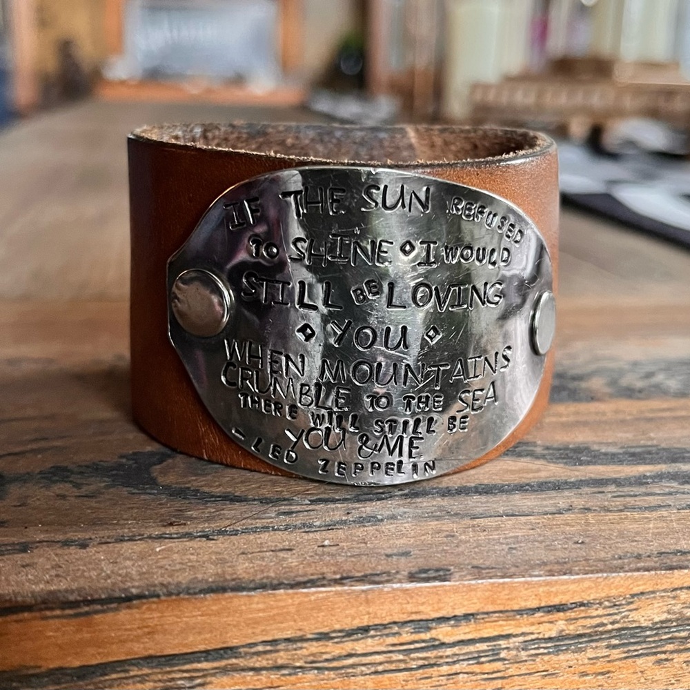 Brown Leather Cuff Bracelet Silver Plate Engraved With Song Lyrics